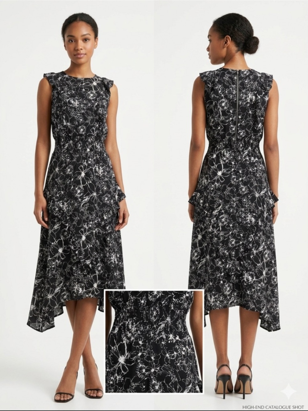 Sleeveless Black & White Floral High-Low Dress